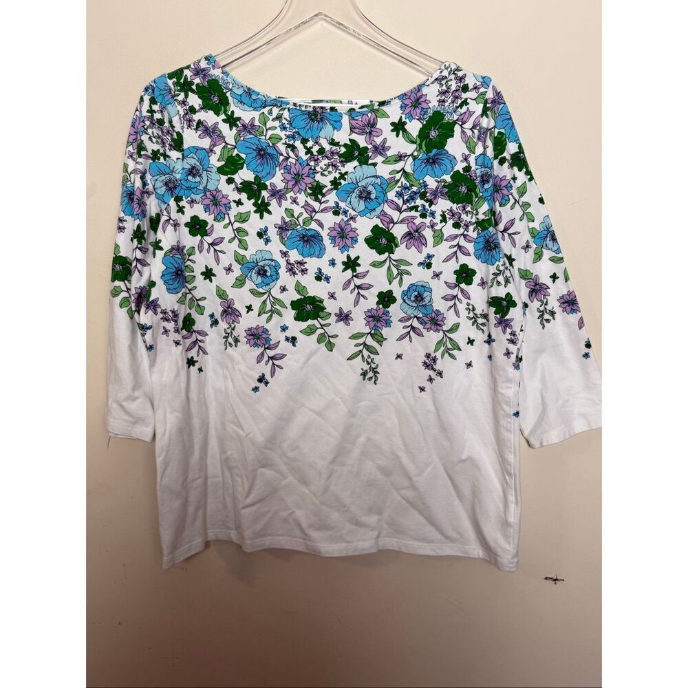 Talbots White Blue Purple Floral Print Cotton Stretch Long Sleeve Tee Shirt Plus